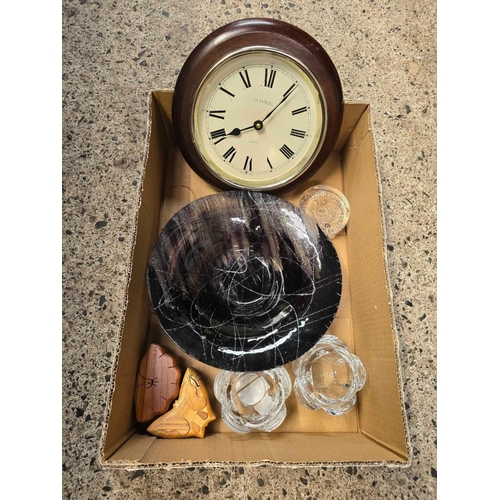 62 - CARTON WITH WALL CLOCK, 2 GLASS HANDLE CANDLE HOLDERS, DISH & 2 WOODEN PUZZLES