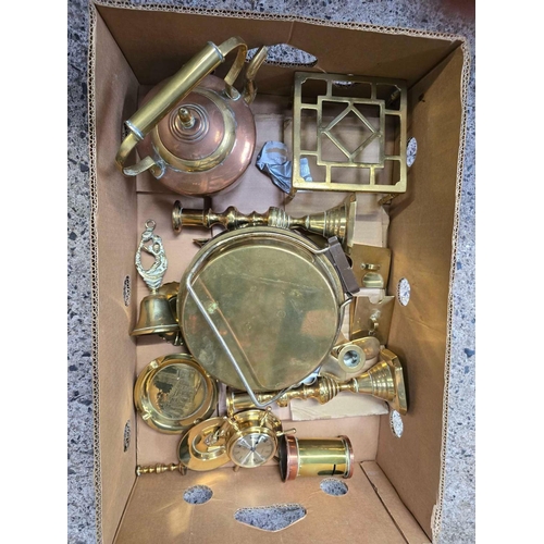 65 - CARTON WITH MISC BRASS WARE INCL; CANDLESTICKS, TRIVET & A BRASS COVERED WALL MOUNTED WEIGH SCALE & ... 