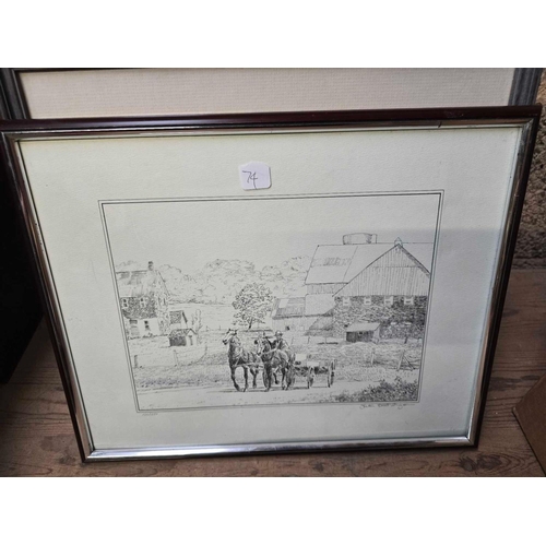 74 - BOX WITH VARIOUS SIGNED ETCHINGS, PENCIL DRAWING ETC