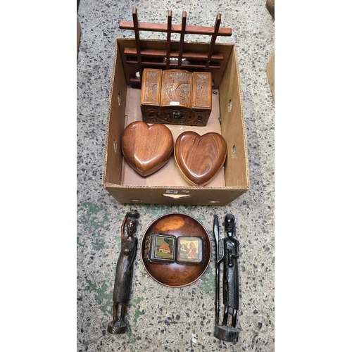 78 - CARTON WITH MISC WOOD ITEMS INCL; 2 HEART SHAPED TRINKET BOXES