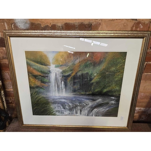 86 - CARTON WITH MISC F/G PICTURES, WOOD CARVING & A LARGE PICTURE OF A WATERFALL SCENE