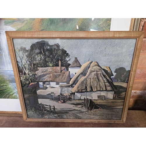 86 - CARTON WITH MISC F/G PICTURES, WOOD CARVING & A LARGE PICTURE OF A WATERFALL SCENE