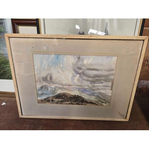 86 - CARTON WITH MISC F/G PICTURES, WOOD CARVING & A LARGE PICTURE OF A WATERFALL SCENE