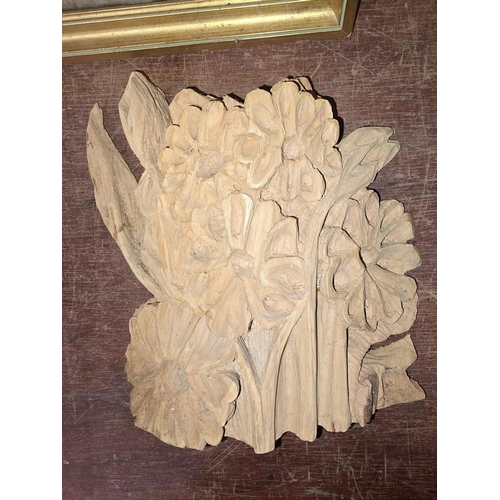 86 - CARTON WITH MISC F/G PICTURES, WOOD CARVING & A LARGE PICTURE OF A WATERFALL SCENE