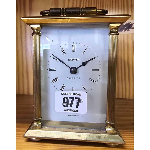 977 - HEAVY BRASS CARRIAGE CLOCK WITH QUARTZ MOVEMENT BY STAIGER