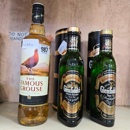 987 - 2 BOTTLES OF GLENFIDDICH WHISKY & A BOTTLE OF FAMOUS GROUSE