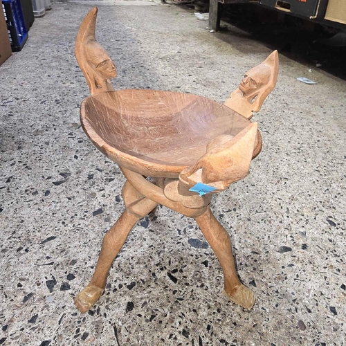 42 - 4 VARIOUS METAL TRAYS & A CARVED WOODEN ETHNIC TRIPOD STAND WITH BOWL