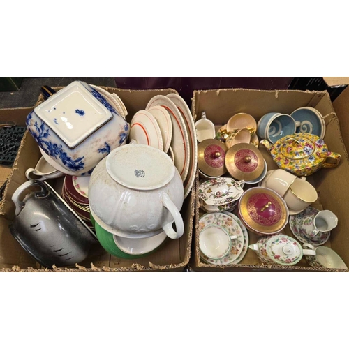 92 - 2 CARTONS WITH MISC CHINAWARE INCL; CHAMBER POTS, MINTON HADDON HALL, JAMES SADDLER TEA POT, CUPS & ... 