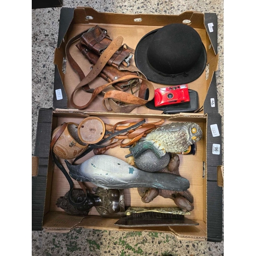 94 - 2 CARTONS WITH A PIGEON & OWL DECOY, BOWLER HAT, SWEDISH AMMO BANDOLIER, COCONUT BAG & A WOODEN BUST... 