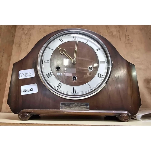 1010 - WOOD CASED MANTEL CLOCK BY SMITHS WITH WESTMINSTER CHIME & PRESENTATION PLATE & 2 BOOK SLIDES