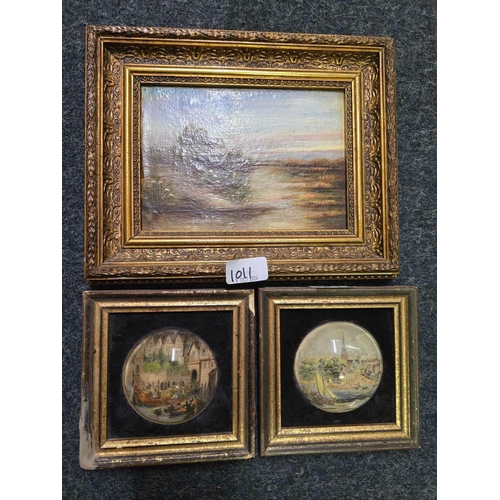 1011 - SMALL OIL ON BOARD PICTURE OF A LAKE SCENE & 2 ENGRAVINGS UNDER GLASS, ENTRANCE TO THE TOWER OF LOND... 