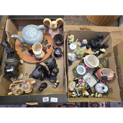 103 - 2 CARTONS OF MISC CHINAWARE INCL; A FAMILY OF CATS, FIGURINES, SHIRE HORSE, SPODE TWA POT A/F, RESIN... 