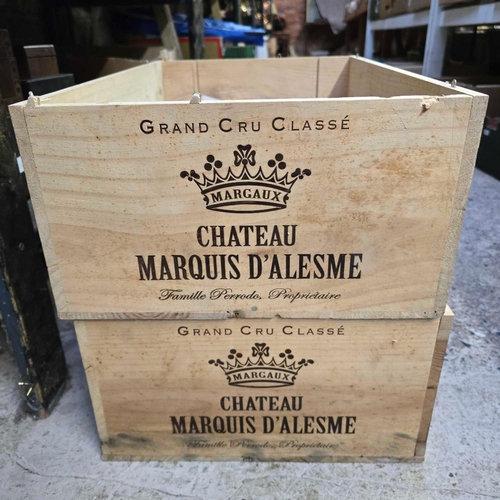 116 - 2 EMPTY WOODEN WINE CRATES FOR CHATEAU MARQUIS D'ALESME + MISC ITEMS INCL; LIBERTY SILK SCARF