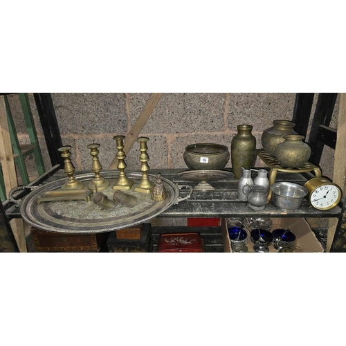 16 - SHELF WITH BRASS CANDLESTICKS, TRIVET, PEWTER & OTHER BRASS WARE