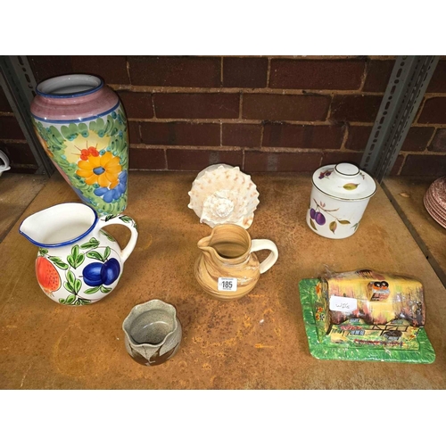 185 - SHELF WITH VASES, JUGS, A CONCH SHELL, ROYAL WORCESTER POT & A COTTAGE STYLE CHEESE DISH