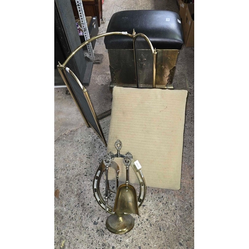 206 - SMALL BRASS FIRESIDE COMPANION SET, BRASS & METAL FIRE SCREEN, LOG BOX SEAT & A GOUT STOOL