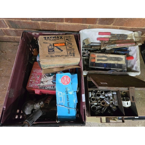 207 - 2 CARTONS OF MISC HAND TOOLS INCL; BRASS BLOW LAMP, DRILL SHARPENER & METAL BOX WITH MISC SOCKETS