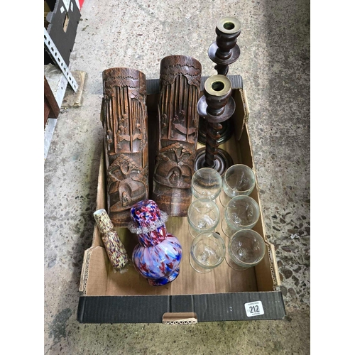 212 - CARTON WITH 2 WOODEN TWIST CANDLESTICKS, DRINKING GLASSES, 2 ORIENTAL BRUSH POTS, END OF DAY WATER J... 