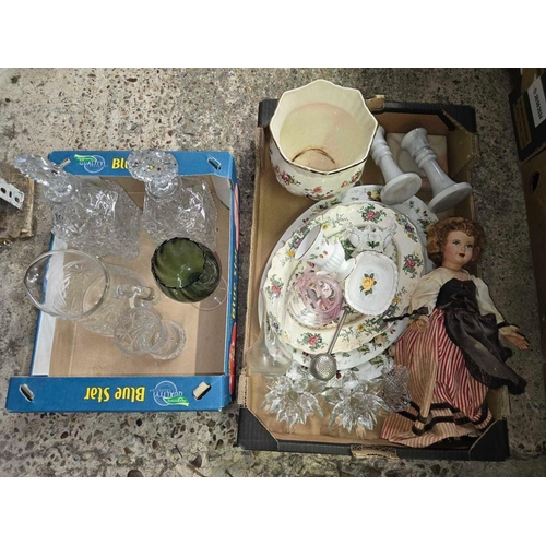 216 - 2 CARTONS OF MISC CHINA & GLASS INCL; CANDLE HOLDERS, DECANTERS & A VINTAGE DOLL