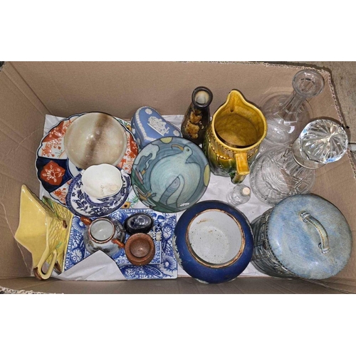 223 - CARTON OF MISC GLASS, JUGS, CONTAINERS & CHINA INCL; WEDGWOOD TRINKET BOX & A SEAGULL BOWLE