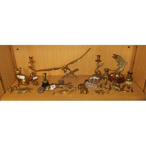 261 - SHELF OF BRASS ANIMAL FIGURES ETC