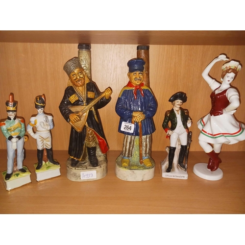 264 - SHELF OF CHINA MILITARY FIGURES & A CHINA DANCING WOMEN + 2 CHINA FRENCH LIQUOR BOTTLES