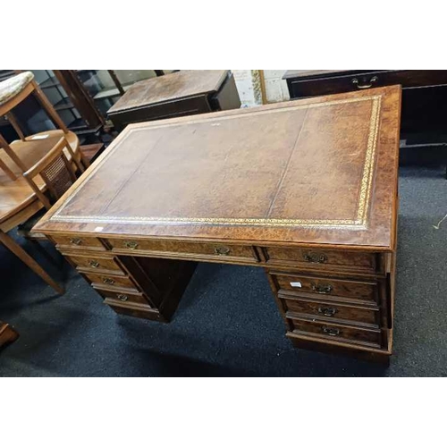 288 - FLAME VENEERED LEATHER TOP PARTNERS DESK, ONE SIDE WITH DRAWERS THE OTHER WITH IMITATION DRAWERS