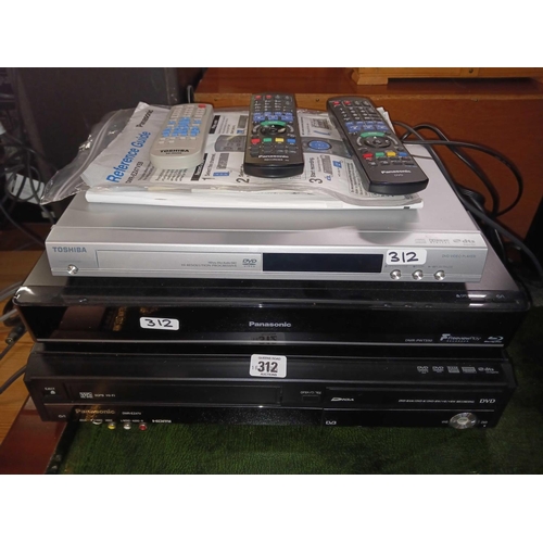 312 - TOSHIBA DVD PLAYER, PANASONIC VIDEO DVD PLAYER & A PANASONIC FREE VIEW BOX WITH REMOTES & BOOKLETS