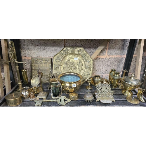 48 - SHELF OF MISC BRASS INCL; EMBOSSED TRAY, VASES & A LETTER STAND