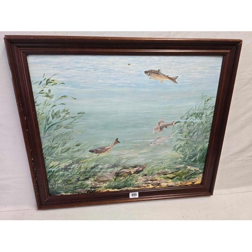 495 - A FRAMED OIL ON BOARD OF FISH BY WR KYLE
