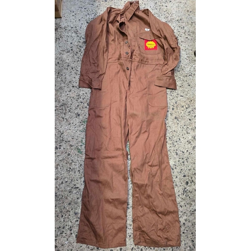 56 - PAIR OF BROWN SIZE 42 WORK OVERALLS WITH A SHELL OIL BADGE, OVERALLS A/F