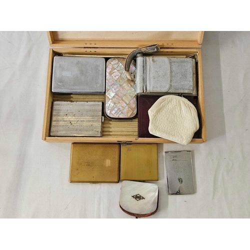 636 - WOODEN BOX OF VARIOUS CIGARETTE CASES, PURSES ETC