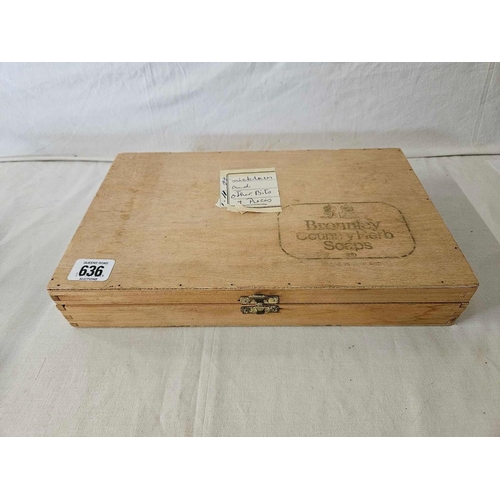 636 - WOODEN BOX OF VARIOUS CIGARETTE CASES, PURSES ETC