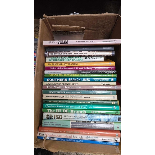 92 - 3 CARTONS OF MISC RAILWAY BOOKS INCL; LARGE QTY OF THE SOUTHERN WAY, RAILWAY PAINTINGS, BRANCHES & B... 