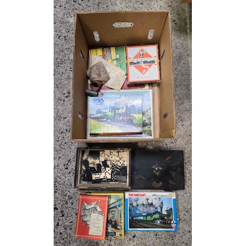 93 - CARTON WITH MISC SMALL RAILWAY JIG SAW PUZZLES, BOX OF DOMINO PIECES & VARIOUS OTHER GAMES