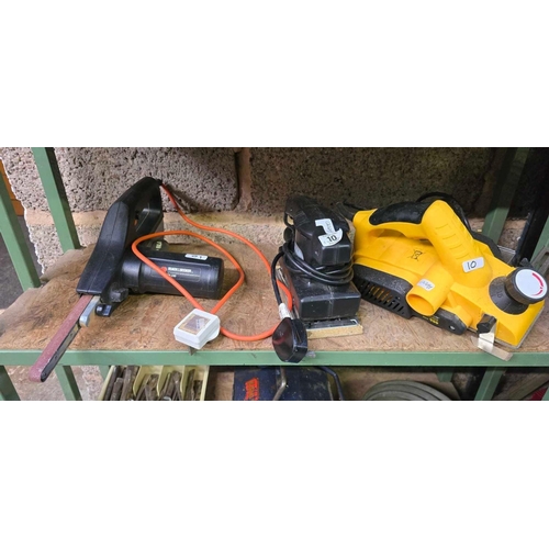 10 - BLACK & DECKER FINGER SANDER, AN ORBITAL SANDER & A ROTARY PLANE