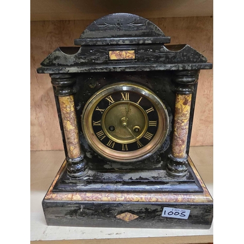 1005 - BLACK SLATE CLOCK, FAIR CONDITION BUT REPAINTED