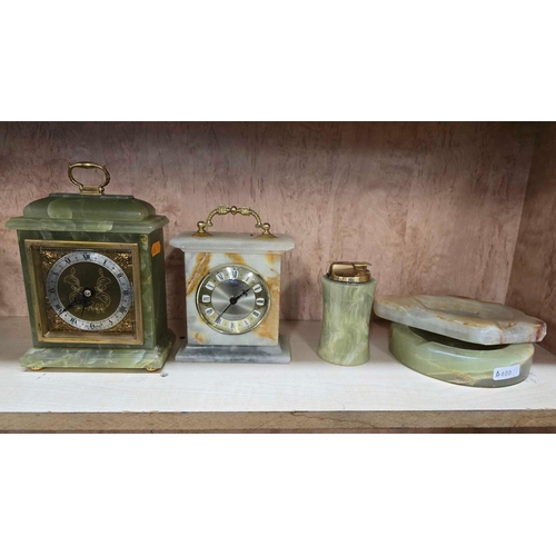 1007 - 2 ALABASTER OR MARBLE CLOCKS, 2 ASHTRAYS & A CIGARETTE LIGHTER