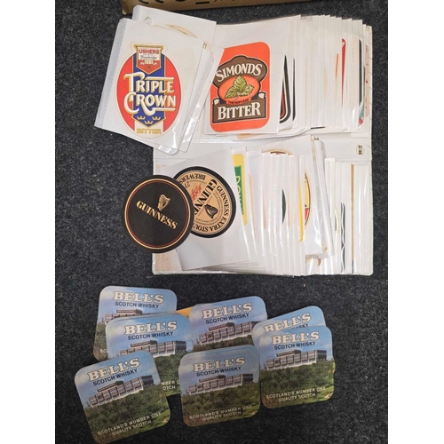 1008 - CARTON WITH QTY OF VINTAGE BEER MATS & A BOX OF BELLS WHISKY TABLE MATS