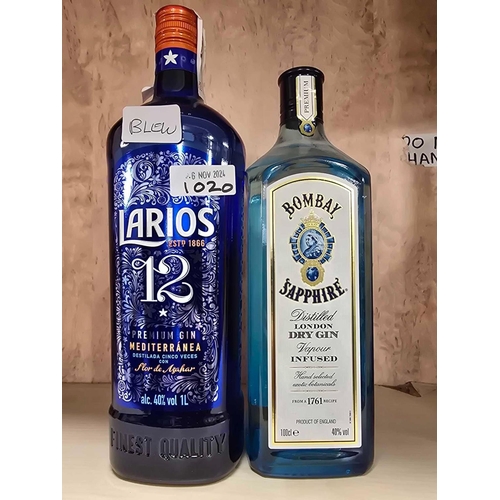 1020 - 2 BOTTLES OF GIN, BOMBAY SAPPHIRE & LARIOS 12