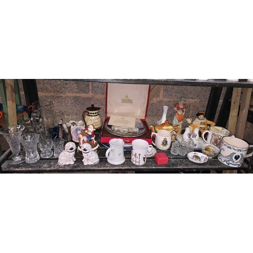 17 - SHELF OF MISC CHINAWARE & GLASS INCL; FIGURINES, TEA POTS, PLATES & A BOXED SPODE MARITIME ENGLAND P... 