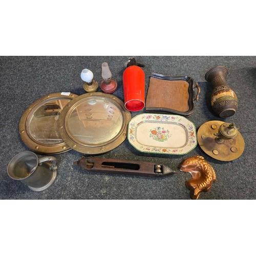 21 - CARTON WITH 2 ROUND BRASS CONVEX MIRRORS, SODA SYPHON, PEWTER MUG & OTHER METAL, CHINA ITEMS