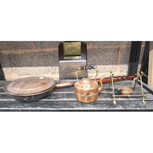 47 - COPPER SPIRIT BURNER KETTLE ON STAND, COPPER BED PAN & A LETTER PAPER RACK