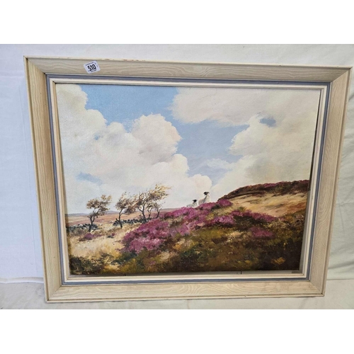 510 - OIL PAINTING ON CANVAS SIGNED R L SHAW, SHEEP IN MOORLAND. A SNOWY WINTER WOODLAND WITH STREAM, SIGN... 