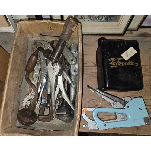 66 - CARTON WITH MISC HAND TOOLS,STAPLERS & A VINTAGE VELOCETTE METAL BOX