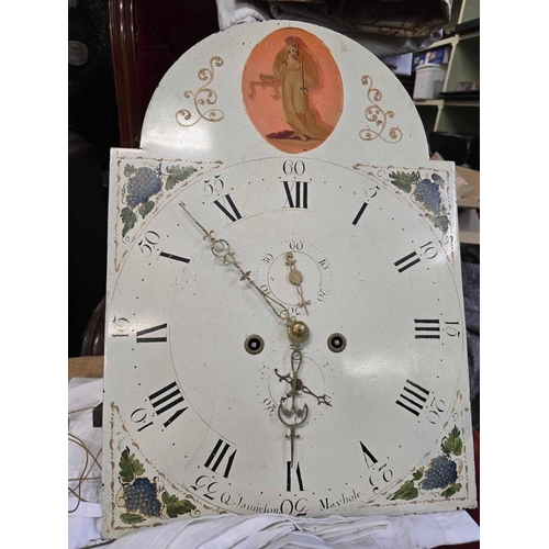 668 - OAK LONG CASED CLOCK WITH 8 DAY MOVEMENT WITH PAINTED ARCHED DIAL, WITH SECONDS & CALENDAR BY Q. JAM... 