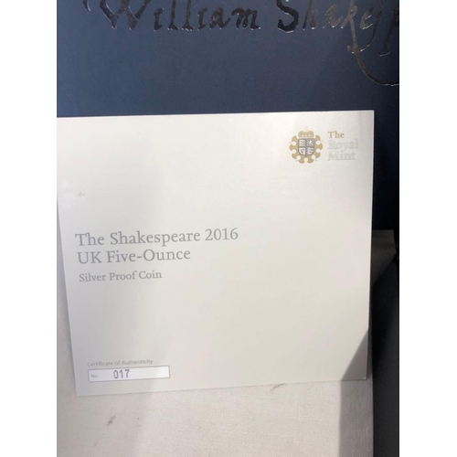 760 - THE ROYAL MINT 2016 WILLIAM SHAKESPEARE FIVE-OUNCE SILVER PROOF COIN BOXED WITH COA 017 FROM TOTAL M... 