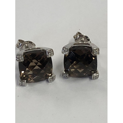 763 - PAIR OF 9ct DIAMOND & CUSHION CUT QUARTZ EARRINGS, 4.6g