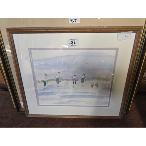 87 - 4 F/G PICTURES,WATERCOLOUR OF A BRIDGE, FISHERMAN PICKING COCKLES, AN ENGRAVING OF FISHER WOMAN & 1 ... 