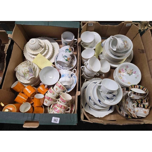 147 - 2 CARTONS OF MISC PART TEA / COFFEE SETS INCL; ROYAL DOULTON, VICTORIA CHINA & BURGESS BROS.